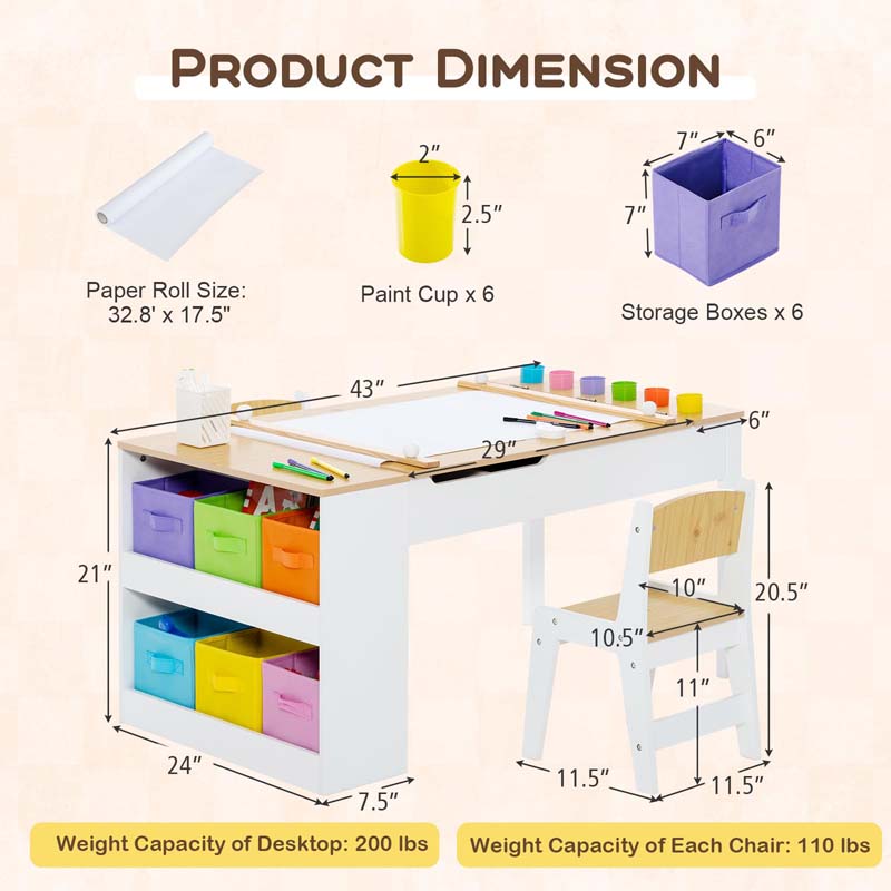 3-in-1 Wood Kids Art Table & Easel Set with 2 Chairs, 6 Storage Bins, Paper Roller, Paint Cups, Toddler Crafts Activity Table Chair Set