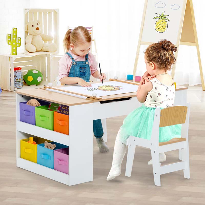 3-in-1 Wood Kids Art Table & Easel Set with 2 Chairs, 6 Storage Bins, Paper Roller, Paint Cups, Toddler Crafts Activity Table Chair Set