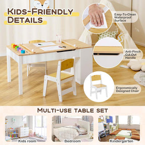 3-in-1 Wood Kids Art Table & Easel Set with 2 Chairs, 6 Storage Bins, Paper Roller, Paint Cups, Toddler Crafts Activity Table Chair Set