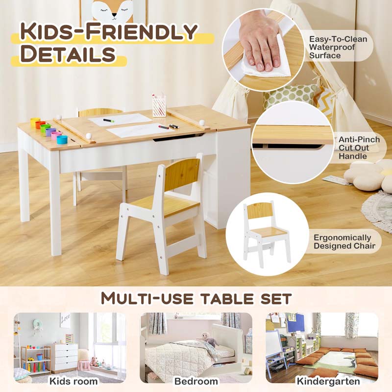 3-in-1 Wood Kids Art Table & Easel Set with 2 Chairs, 6 Storage Bins, Paper Roller, Paint Cups, Toddler Crafts Activity Table Chair Set