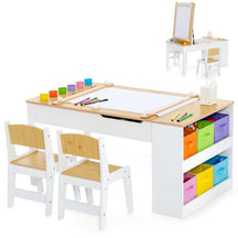 3-in-1 Wood Kids Art Table & Easel Set with 2 Chairs, 6 Storage Bins, Paper Roller, Paint Cups, Toddler Crafts Activity Table Chair Set