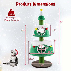 60" Christmas Cat Tree for Indoor Cats, Modern Holiday Cute Cat Tree Tower with 2 Condos, Sisal Scratching Posts, Spring Toy, Removable Beds