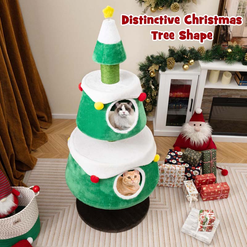 60" Christmas Cat Tree for Indoor Cats, Modern Holiday Cute Cat Tree Tower with 2 Condos, Sisal Scratching Posts, Spring Toy, Removable Beds