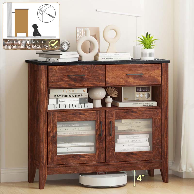 Sideboard Buffet Cabinet, Coffee Bar Cabinet with 2 Drawers, Faux Marble Top, Kitchen Storage Cabinet for Living Room Entryway