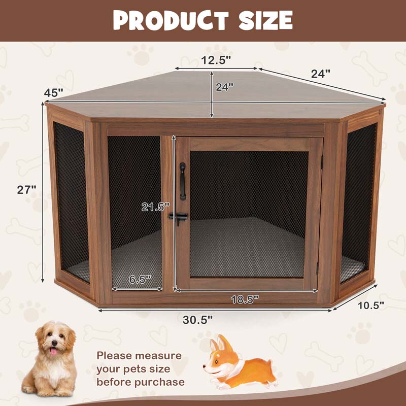 Corner Dog Crate Furniture with Mesh Door & Cushion, Wooden Indoor Puppy House Pet Kennel for Small & Medium Dogs