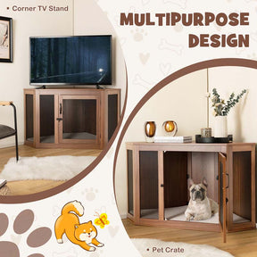 Corner Dog Crate Furniture with Mesh Door & Cushion, Wooden Indoor Puppy House Pet Kennel for Small & Medium Dogs