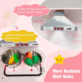 Pink Kids Corner Kitchen Playset, Wooden Pretend Play Kitchen Toy Set with Realistic Light & Sound, Washing Machine, Microwave