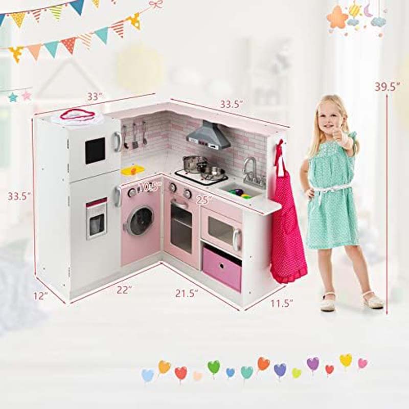 Pink Kids Corner Kitchen Playset, Wooden Pretend Play Kitchen Toy Set with Realistic Light & Sound, Washing Machine, Microwave