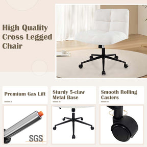 Modern Faux Fur Armless Cross Legged Chair with Wheels with Padded Seat, Adjustable Height Computer Swivel Task Chair