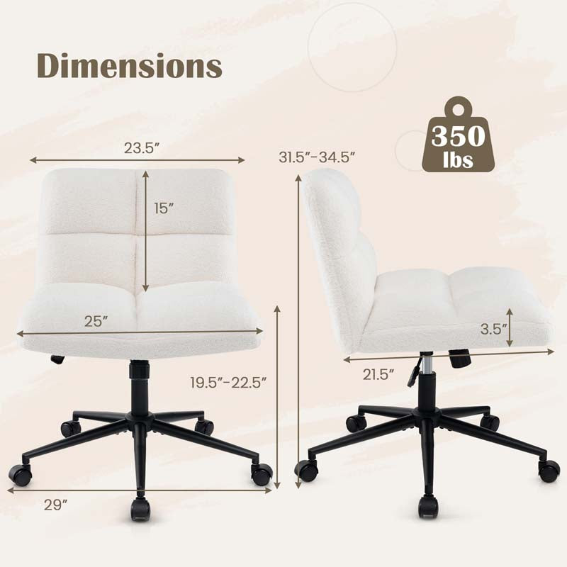 Modern Faux Fur Armless Cross Legged Chair with Wheels with Padded Seat, Adjustable Height Computer Swivel Task Chair