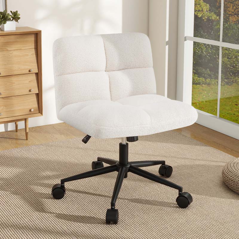 Modern Faux Fur Armless Cross Legged Chair with Wheels with Padded Seat, Adjustable Height Computer Swivel Task Chair