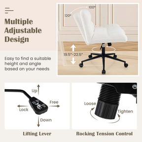 Modern Faux Fur Armless Cross Legged Chair with Wheels with Padded Seat, Adjustable Height Computer Swivel Task Chair