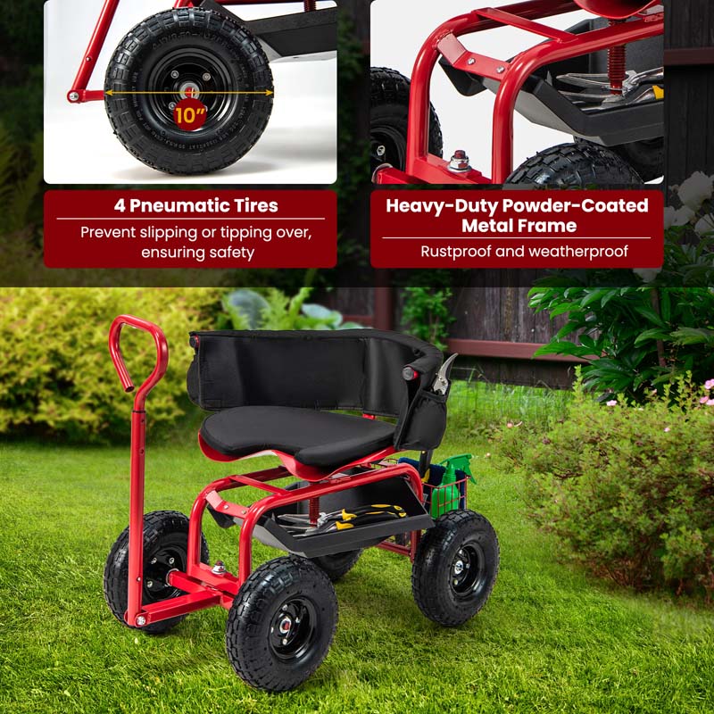 Cushioned Rolling Garden Cart Workseat Yard Wagon Scooter with Storage Basket & Extendable Steering Handle