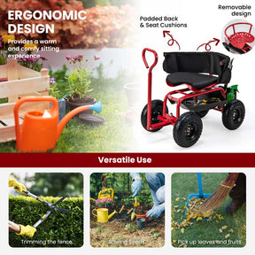 Cushioned Rolling Garden Cart Workseat Yard Wagon Scooter with Storage Basket & Extendable Steering Handle