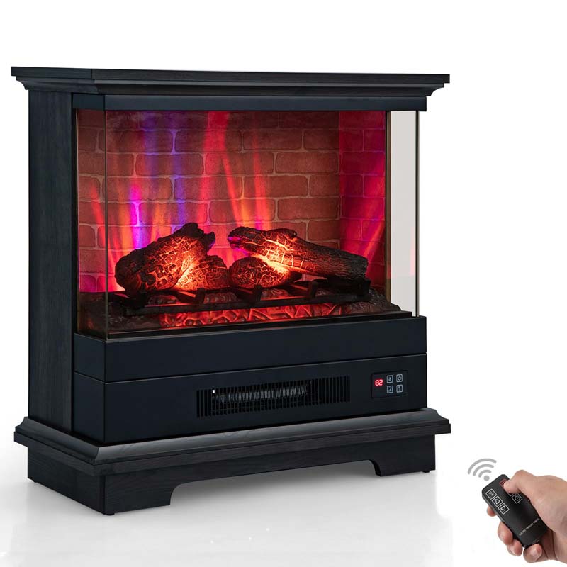 27" 3-Sided Glass View Electric Fireplace Heater 1400W Freestanding Fireplace Mantel with 7 Flame Effects, Remote Control