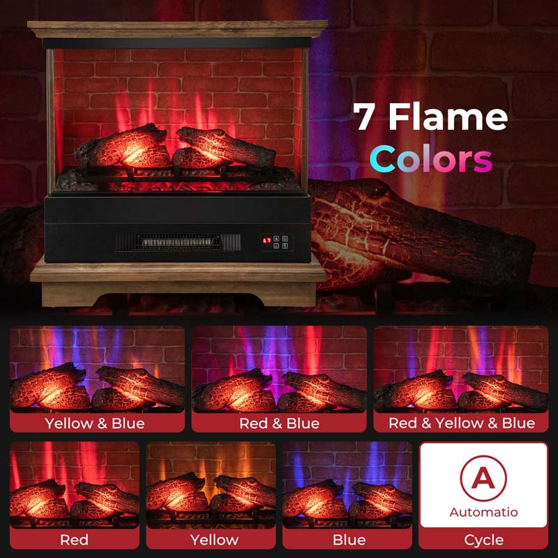 27" 3-Sided Glass View Electric Fireplace Heater 1400W Freestanding Fireplace Mantel with 7 Flame Effects, Remote Control