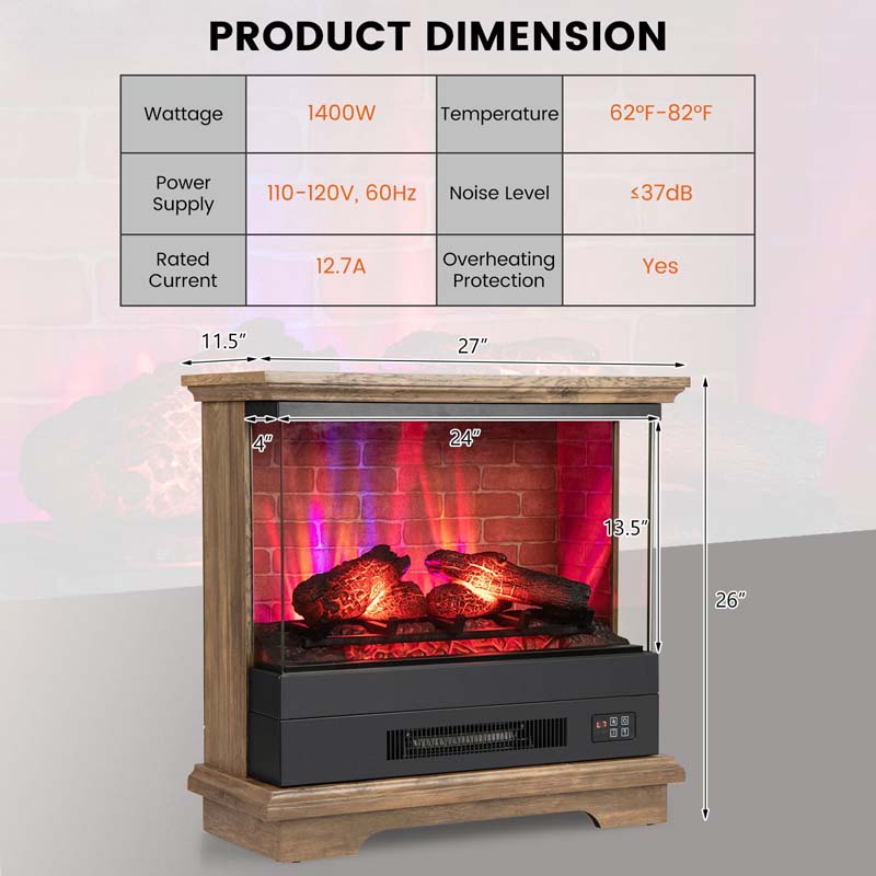 27" 3-Sided Glass View Electric Fireplace Heater 1400W Freestanding Fireplace Mantel with 7 Flame Effects, Remote Control