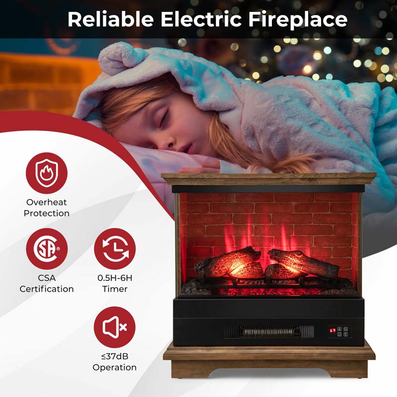 27" 3-Sided Glass View Electric Fireplace Heater 1400W Freestanding Fireplace Mantel with 7 Flame Effects, Remote Control