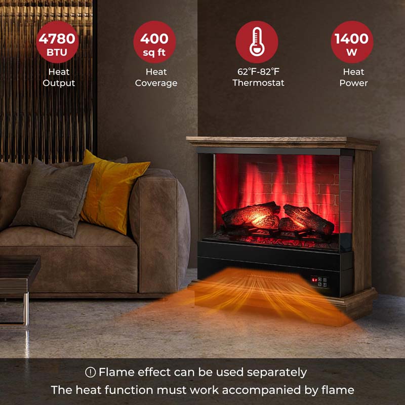 27" 3-Sided Glass View Electric Fireplace Heater 1400W Freestanding Fireplace Mantel with 7 Flame Effects, Remote Control