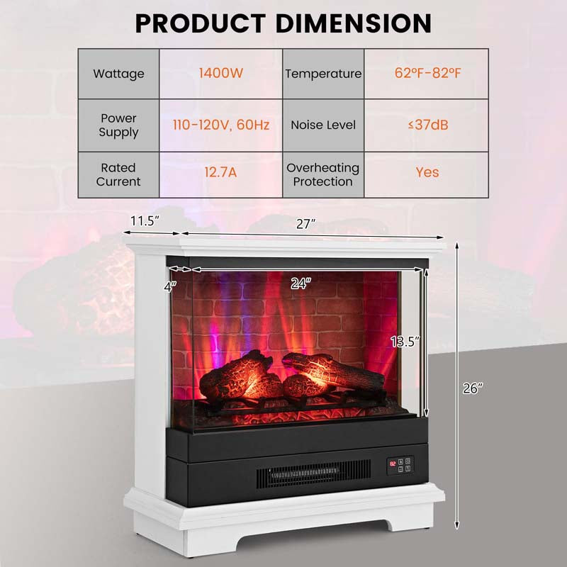 27" 3-Sided Glass View Electric Fireplace Heater 1400W Freestanding Fireplace Mantel with 7 Flame Effects, Remote Control