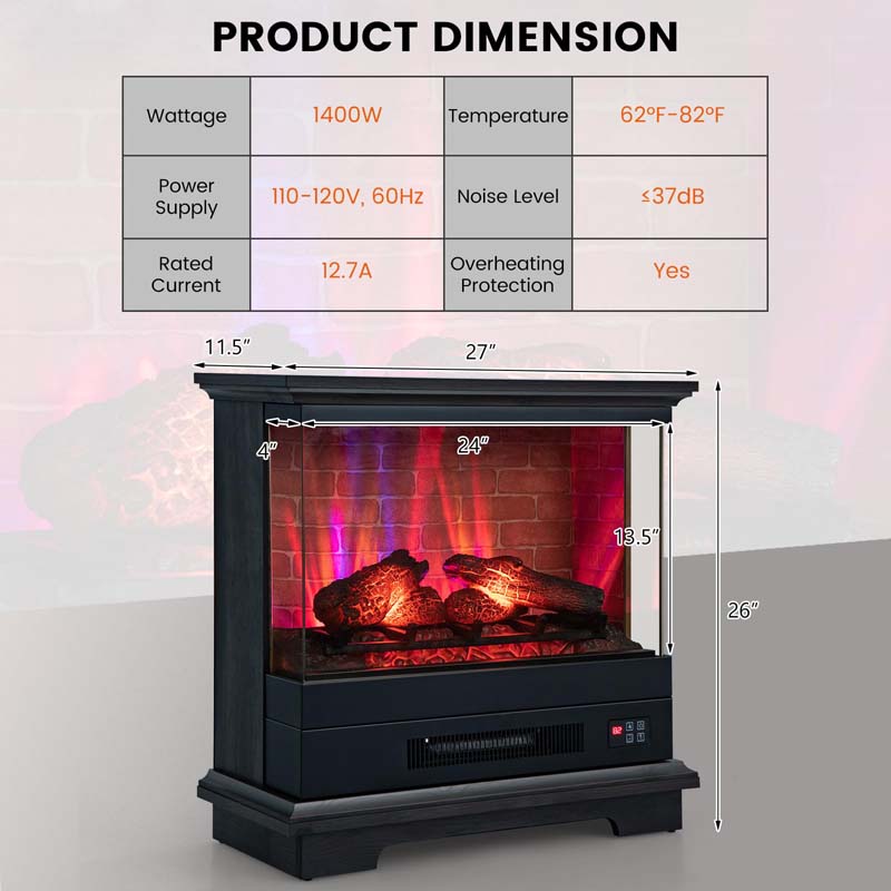 27" 3-Sided Glass View Electric Fireplace Heater 1400W Freestanding Fireplace Mantel with 7 Flame Effects, Remote Control