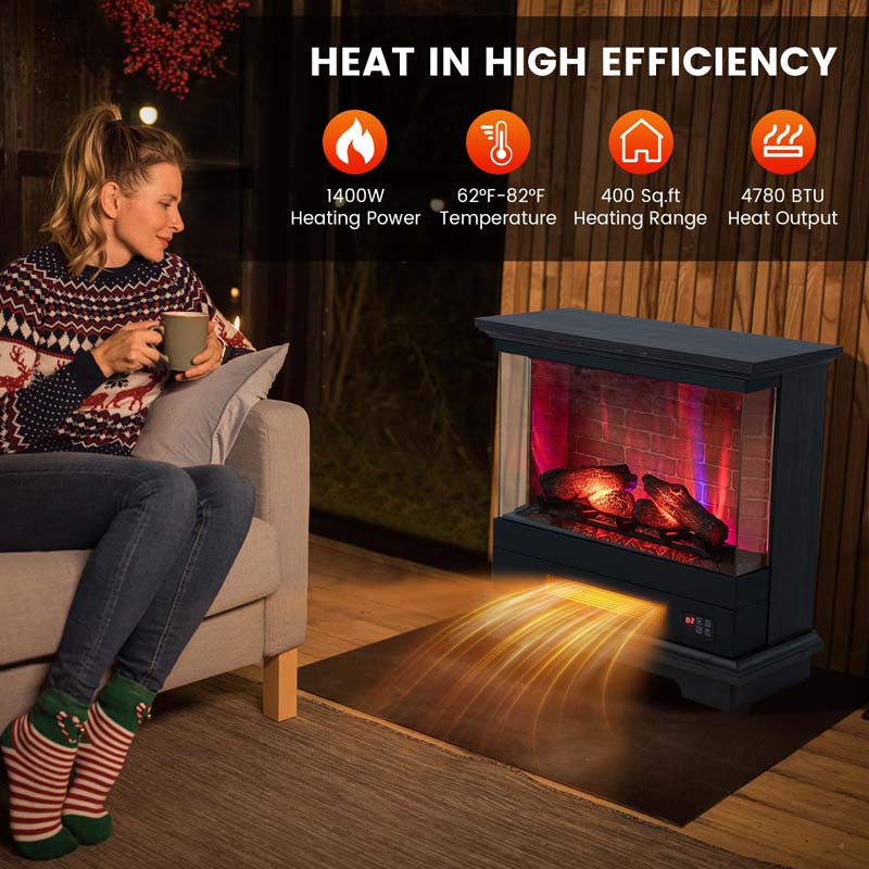 27" 3-Sided Glass View Electric Fireplace Heater 1400W Freestanding Fireplace Mantel with 7 Flame Effects, Remote Control