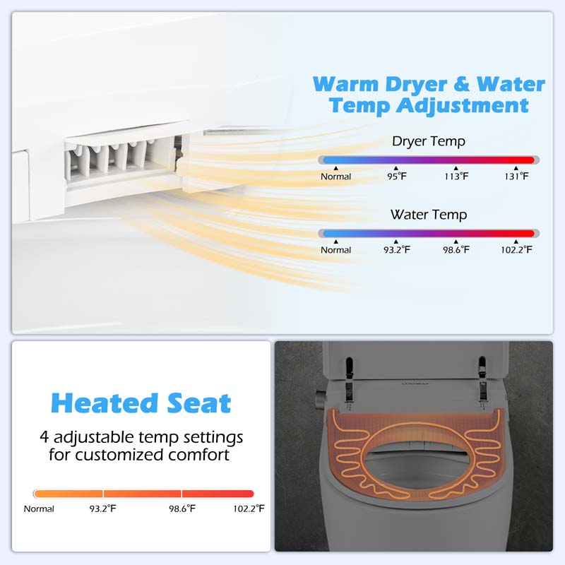 26.9" x 15.8" x 18.5" Elongated Smart Toilet with Built-In Bidet, Bidet Toilet with Heat, Dryer, Night Light, Auto Open/Close, Foot Sensor, 1.28 GPF Automatic/Blackout Flush