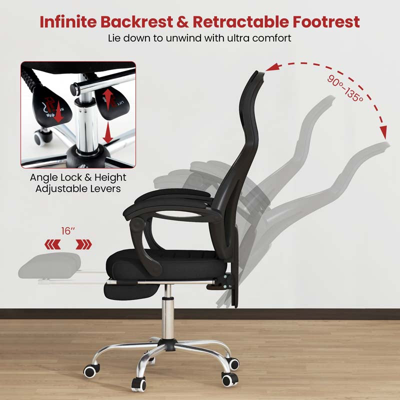 Mesh Office Chair Ergonomic Desk Chair with Footrest and Tilting Backrest, High Back Recliner Swivel Task Chair for Home Office