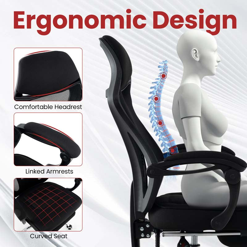 Mesh Office Chair Ergonomic Desk Chair with Footrest and Tilting Backrest, High Back Recliner Swivel Task Chair for Home Office