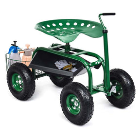 4-Wheel Garden Cart Workseat with Storage Basket & Tool Tray, Heavy Duty Patio Wagon Scooter for Planting