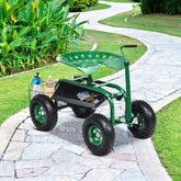 4-Wheel Garden Cart Workseat with Storage Basket & Tool Tray, Heavy Duty Patio Wagon Scooter for Planting