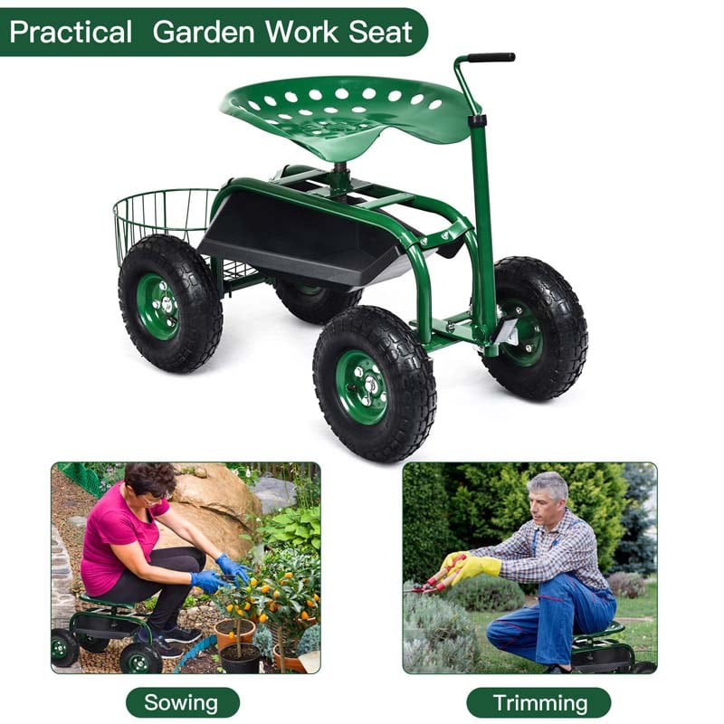 4-Wheel Garden Cart Workseat with Storage Basket & Tool Tray, Heavy Duty Patio Wagon Scooter for Planting
