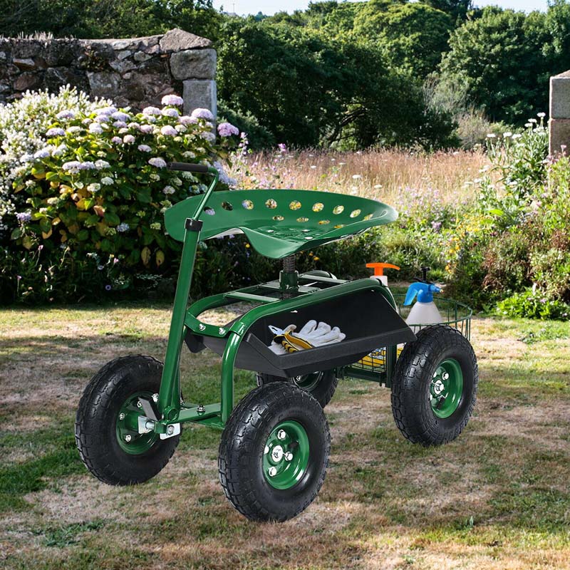 4-Wheel Garden Cart Workseat with Storage Basket & Tool Tray, Heavy Duty Patio Wagon Scooter for Planting