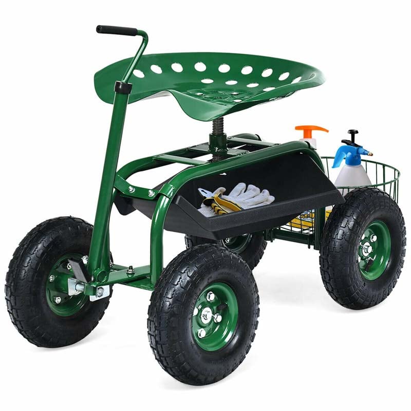 4-Wheel Garden Cart Workseat with Storage Basket & Tool Tray, Heavy Duty Patio Wagon Scooter for Planting