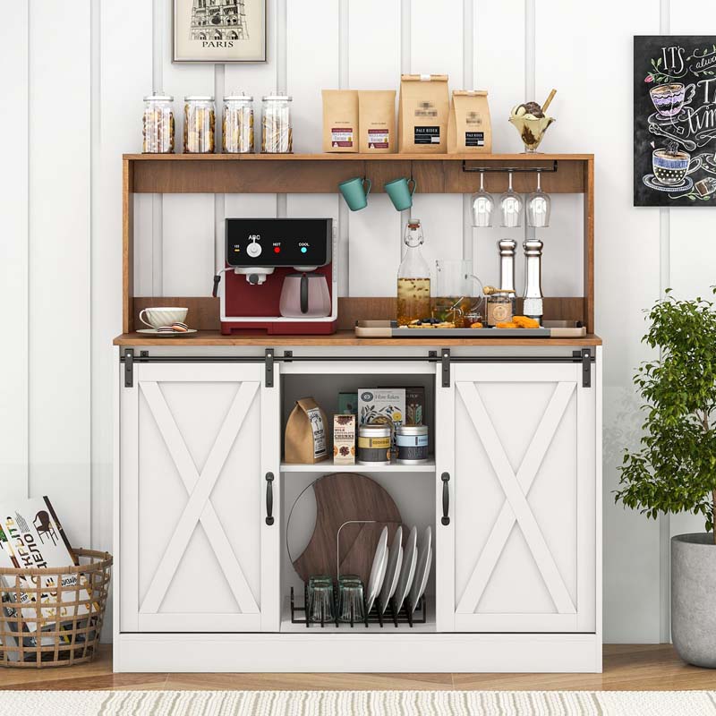 Farmhouse Buffet Cabinet with Hutch, Charging Station, 9 Bottle Wine Rack, Sliding Barn Door, Sideboard for Coffee Bar Kitchen Living Room