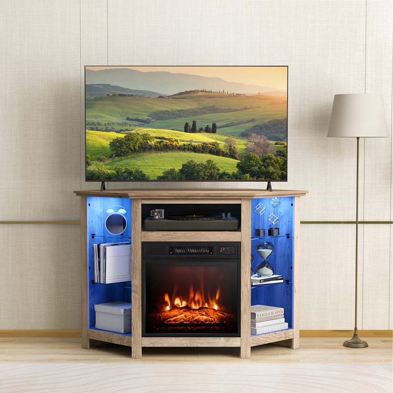 Modern Corner Fireplace TV Stand with LED Lights for TVs up to 50", Entertainment Center with Electric Fireplace & APP Control