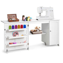 Folding Sewing Machine Cabinet, Rolling Sewing Table Craft Station Desk with Lockable Casters, Storage Shelves, Bins & Single Door Cabinet