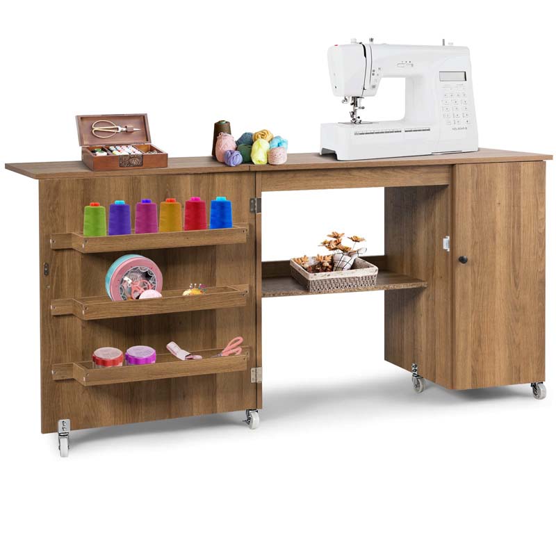 Folding Sewing Machine Cabinet, Rolling Sewing Table Craft Station Desk with Lockable Casters, Storage Shelves, Bins & Single Door Cabinet