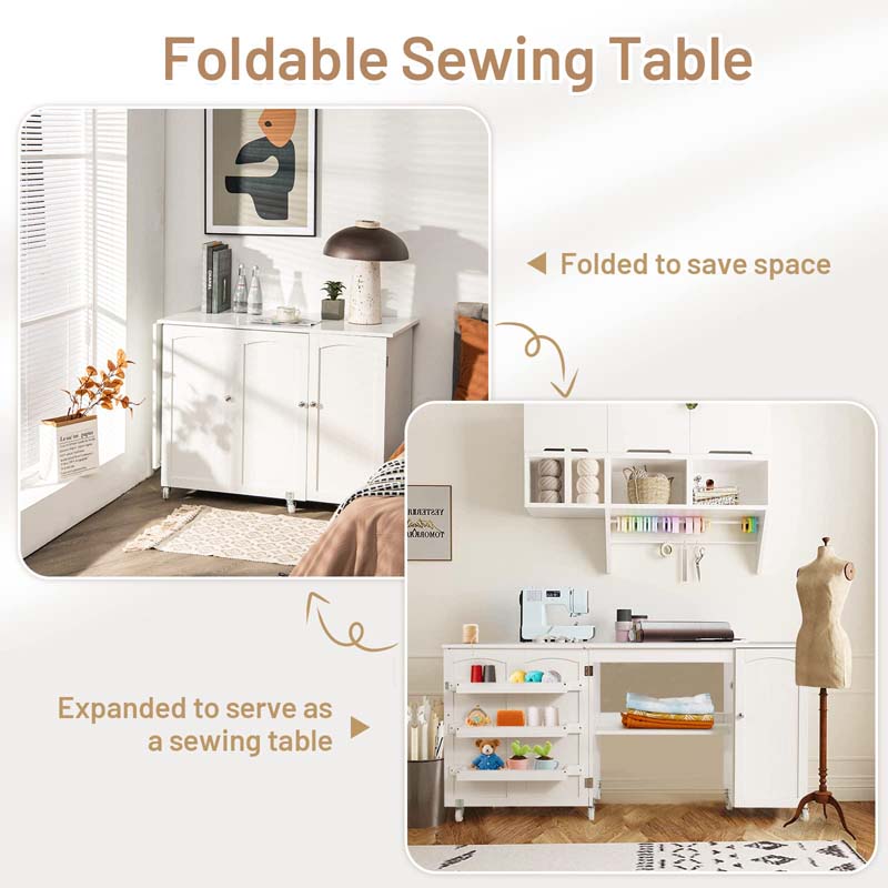 Folding Sewing Machine Cabinet, Rolling Sewing Table Craft Station Desk with Lockable Casters, Storage Shelves, Bins & Single Door Cabinet