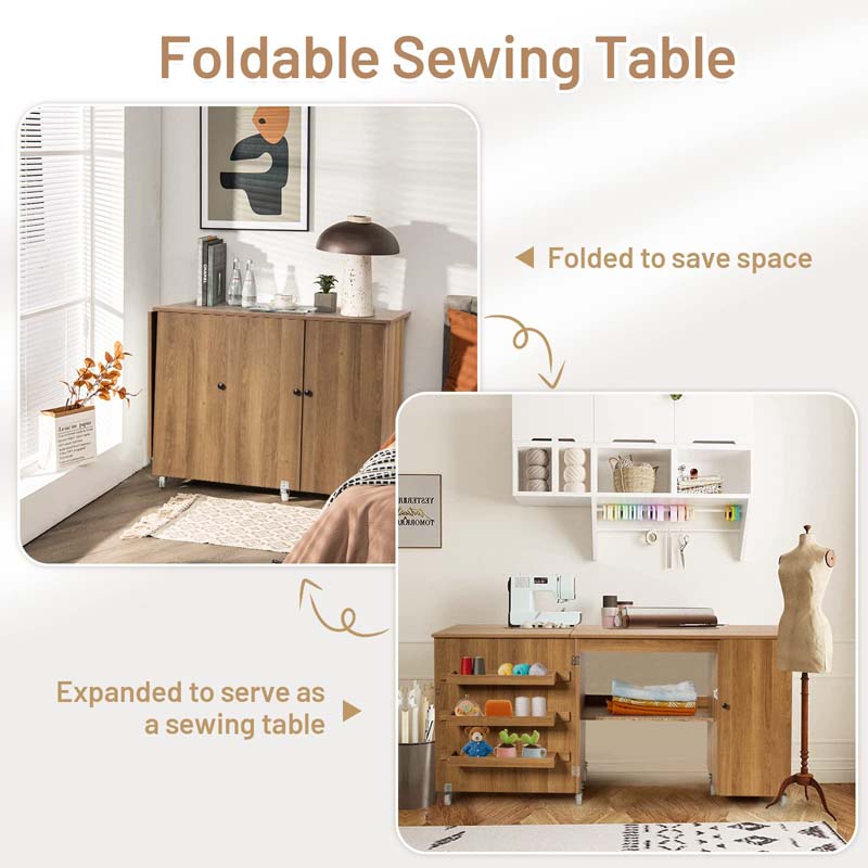 Folding Sewing Machine Cabinet, Rolling Sewing Table Craft Station Desk with Lockable Casters, Storage Shelves, Bins & Single Door Cabinet