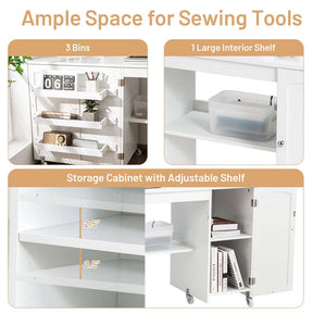 Folding Sewing Machine Cabinet, Rolling Sewing Table Craft Station Desk with Lockable Casters, Storage Shelves, Bins & Single Door Cabinet