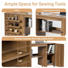 Folding Sewing Machine Cabinet, Rolling Sewing Table Craft Station Desk with Lockable Casters, Storage Shelves, Bins & Single Door Cabinet