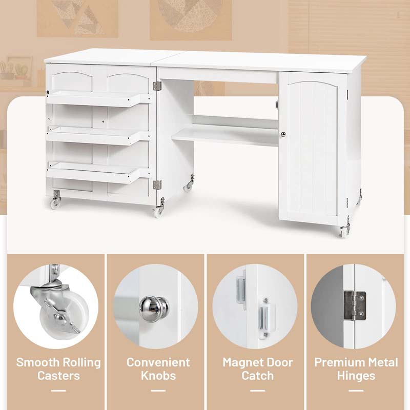 Folding Sewing Machine Cabinet, Rolling Sewing Table Craft Station Desk with Lockable Casters, Storage Shelves, Bins & Single Door Cabinet