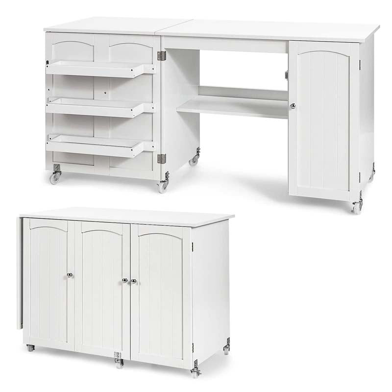 Folding Sewing Machine Cabinet, Rolling Sewing Table Craft Station Desk with Lockable Casters, Storage Shelves, Bins & Single Door Cabinet