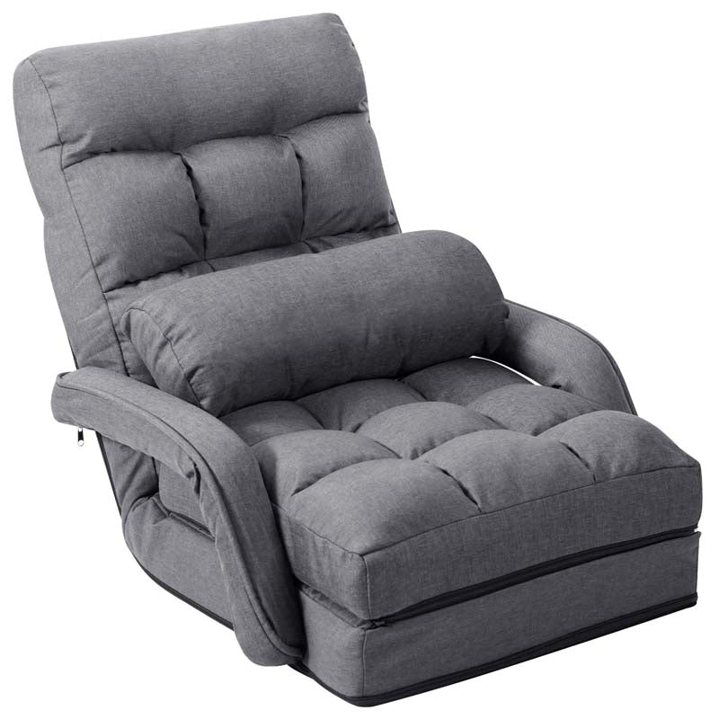 Folding Lazy Sofa Floor Chair with 6-Position Adjustable Backrest Lumbar Pillow & Armrests, Assembly-Free Indoor Chaise Lounge Sofa