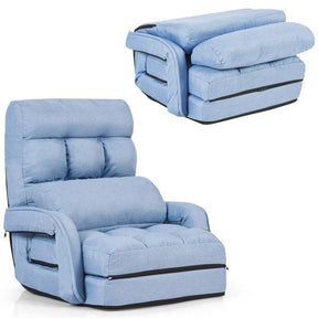 Folding Lazy Sofa Floor Chair with 6-Position Adjustable Backrest Lumbar Pillow & Armrests, Assembly-Free Indoor Chaise Lounge Sofa