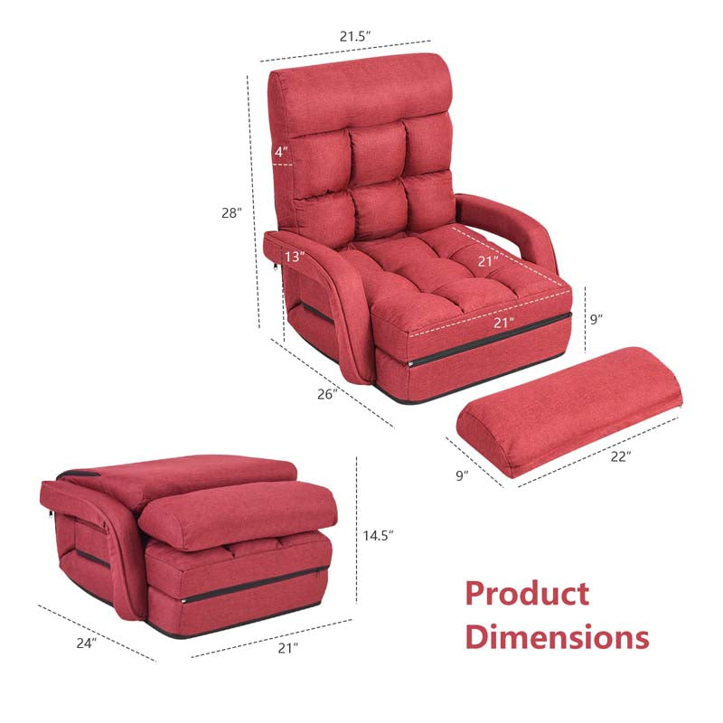 Folding Lazy Sofa Floor Chair with 6-Position Adjustable Backrest Lumbar Pillow & Armrests, Assembly-Free Indoor Chaise Lounge Sofa