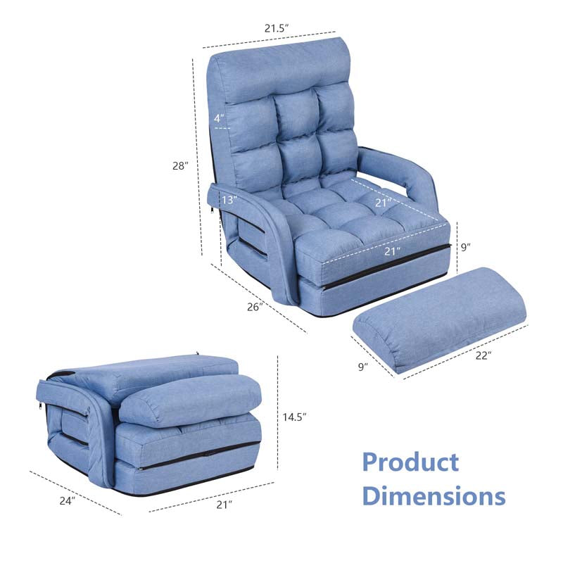 Folding Lazy Sofa Floor Chair with 6-Position Adjustable Backrest Lumbar Pillow & Armrests, Assembly-Free Indoor Chaise Lounge Sofa