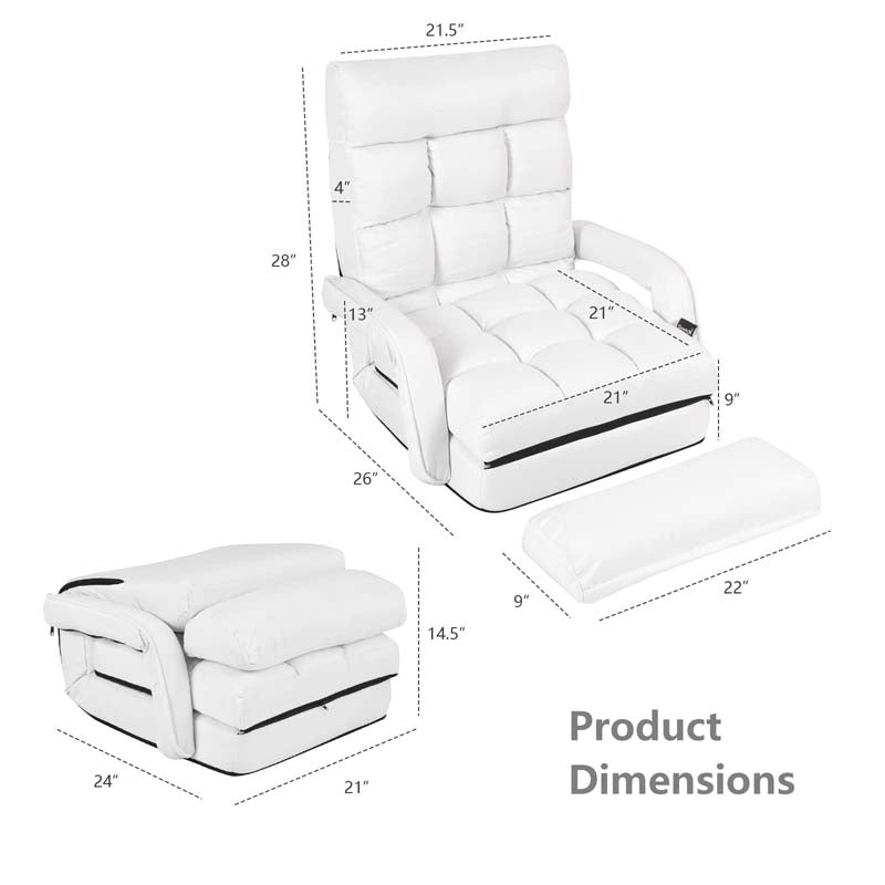 Folding Lazy Sofa Floor Chair with 6-Position Adjustable Backrest Lumbar Pillow & Armrests, Assembly-Free Indoor Chaise Lounge Sofa