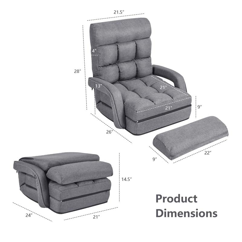 Folding Lazy Sofa Floor Chair with 6-Position Adjustable Backrest Lumbar Pillow & Armrests, Assembly-Free Indoor Chaise Lounge Sofa